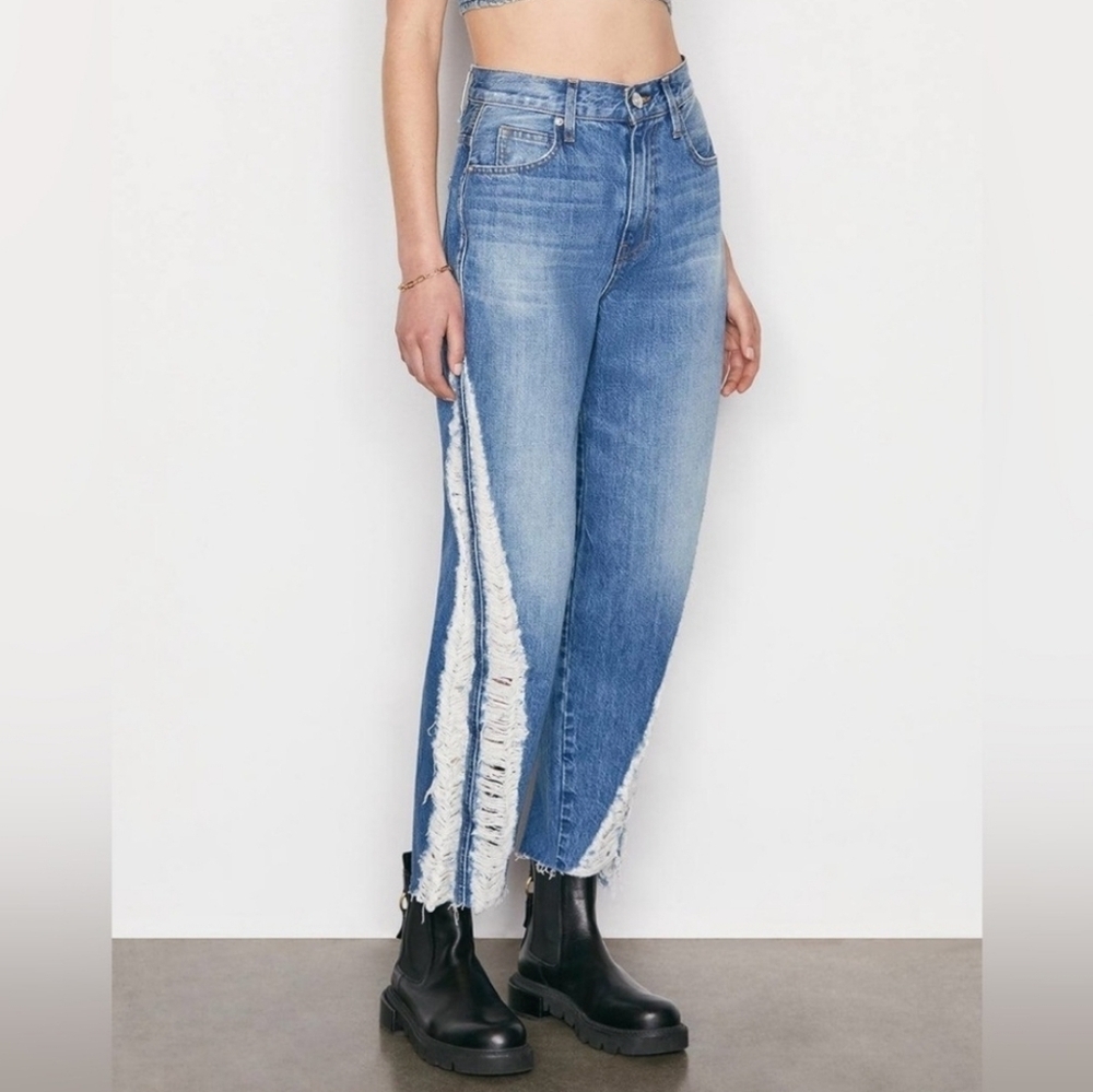 Frame Tionne Shred Ultra High Rise Barrel Blue Jeans‎ Women's Size 28 Distressed